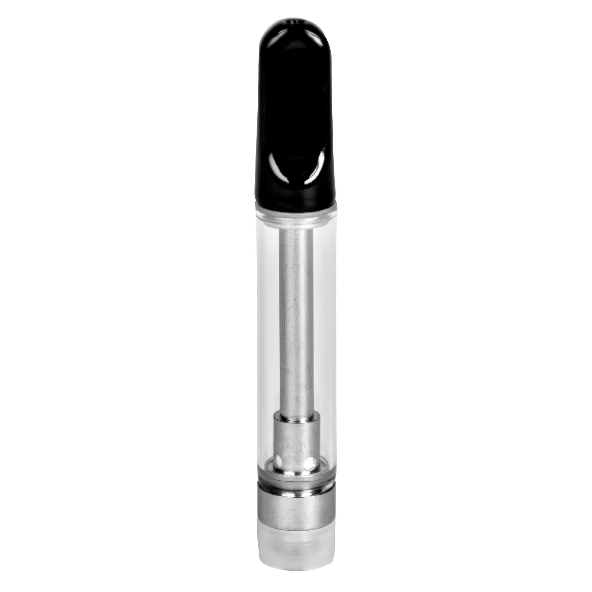Front view of empty 1.5mL 510 vape cartridge with black ceramic tip and clear glass tank.