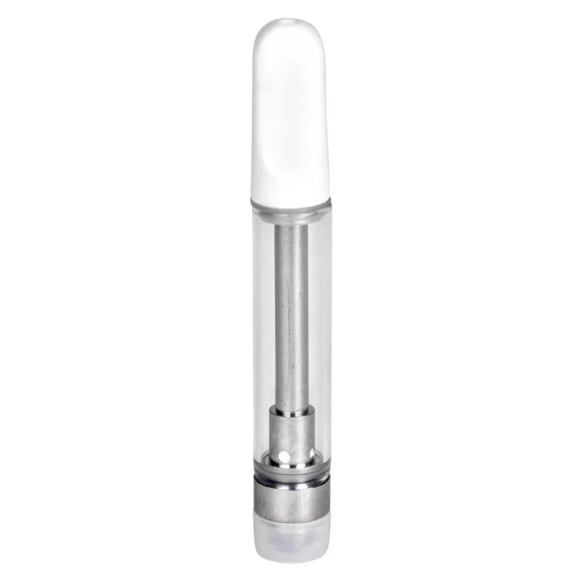 Front view of empty 1.5mL 510 vape cartridge with white ceramic push-top mouthpiece and clear glass tank