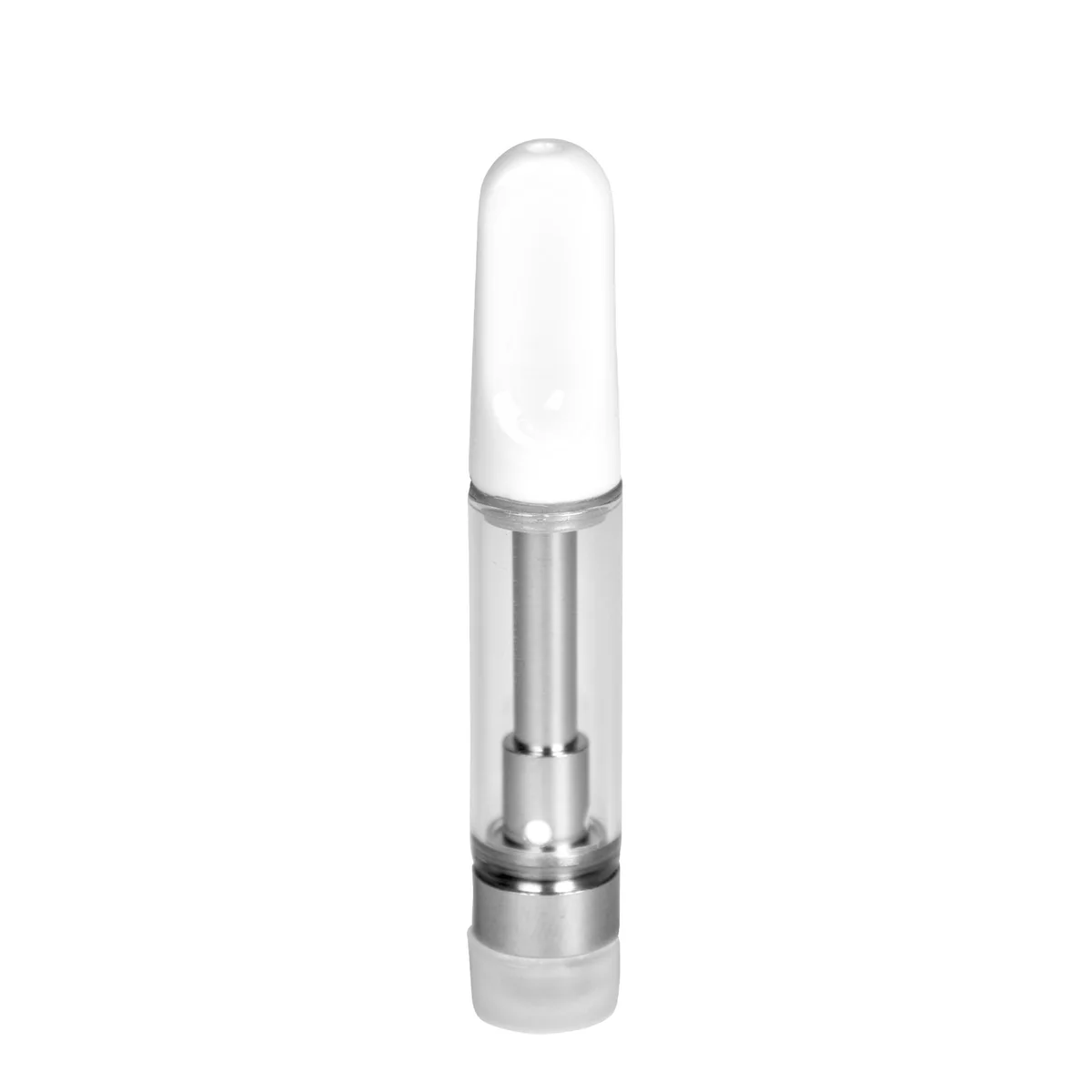 Front view of empty 1mL 510 push-top vape cartridge with white ceramic mouthpiece and clear glass tank