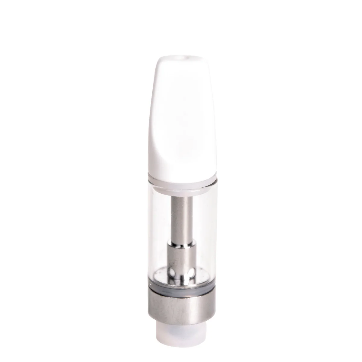 Front view of empty 2mL 510 push-top vape cartridge with white ceramic tip and clear glass tank