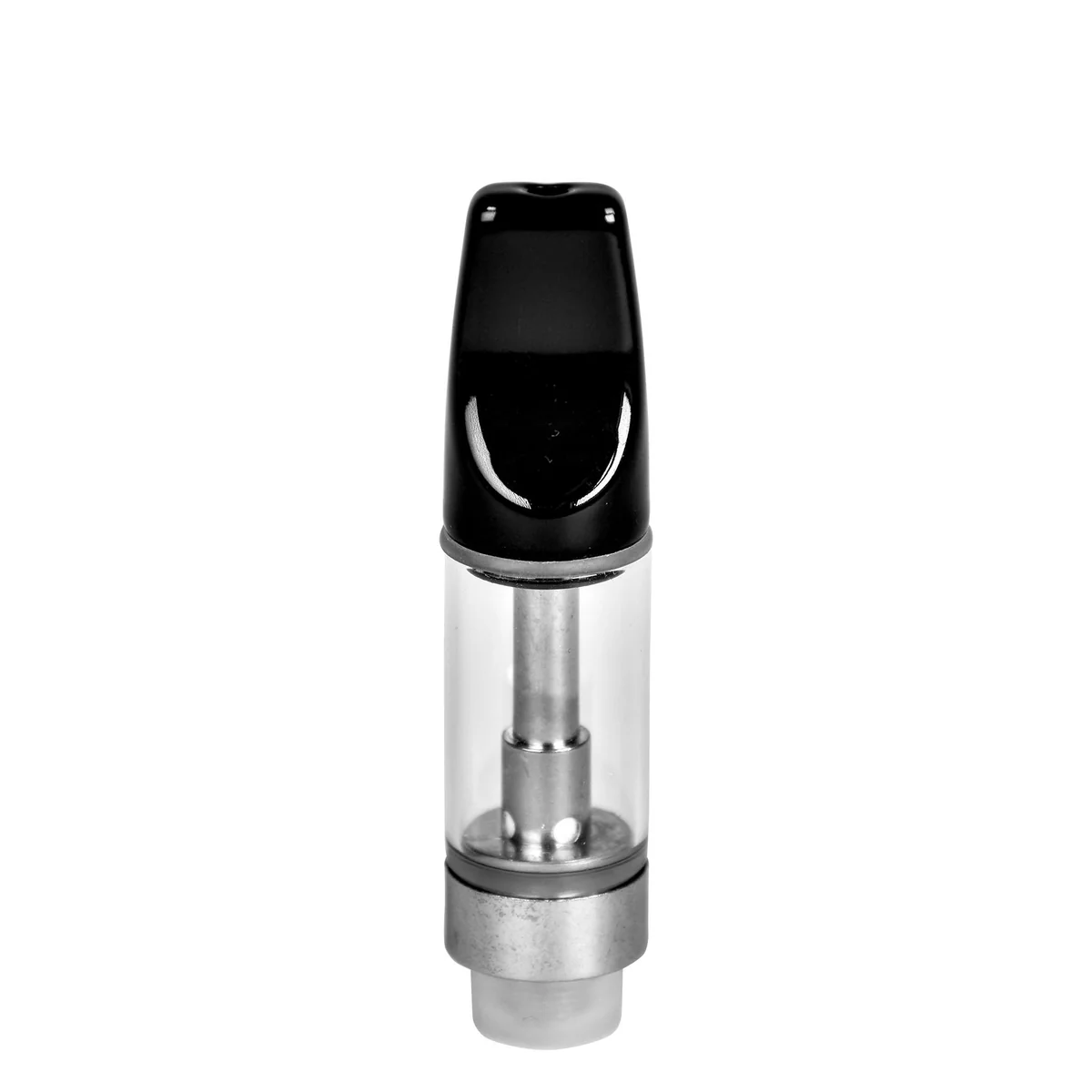 Front view of empty 2mL 510 vape cartridge with black ceramic tip and clear glass chamber