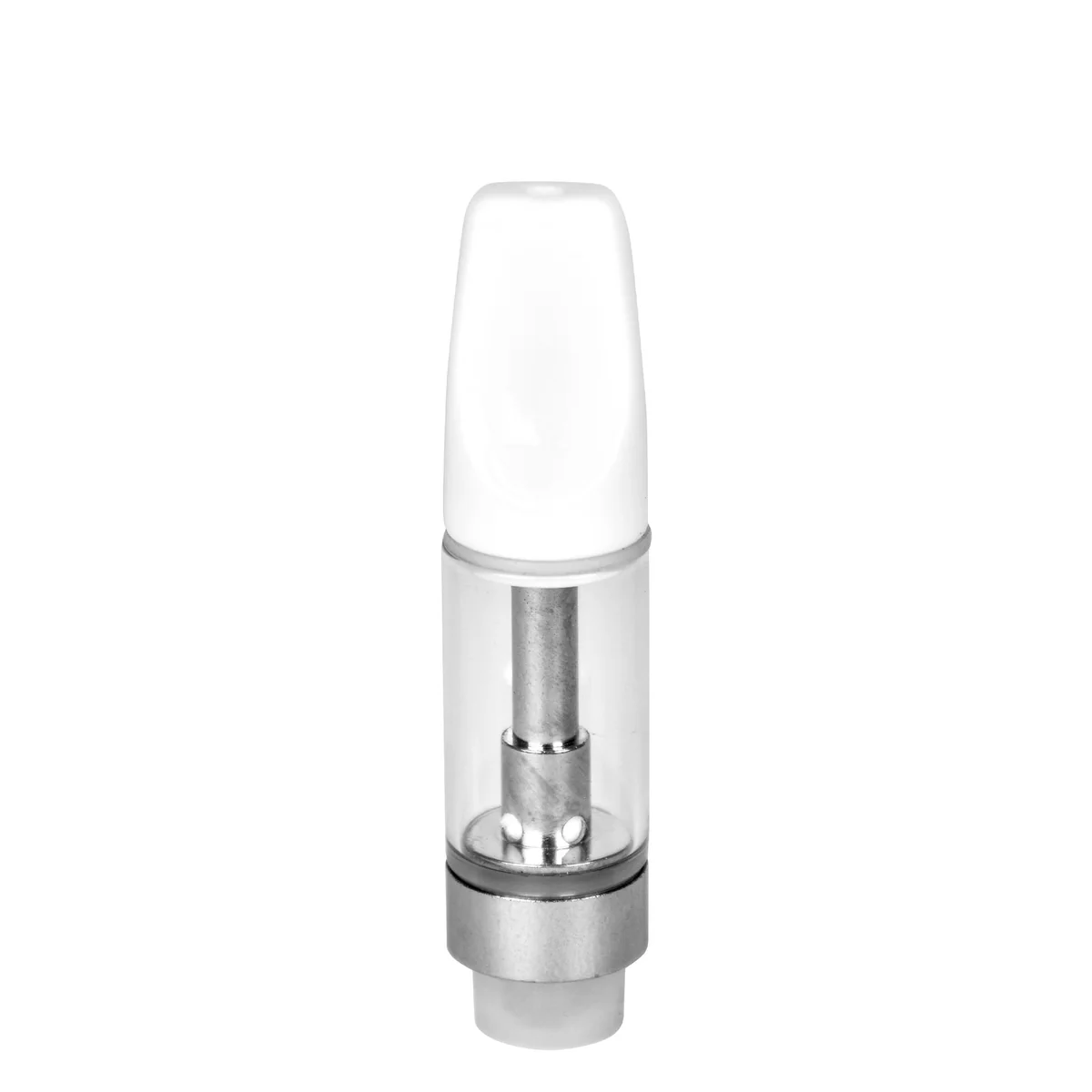Front view of empty 2mL 510 screw-top vape cartridge with white ceramic tip and clear glass chamber