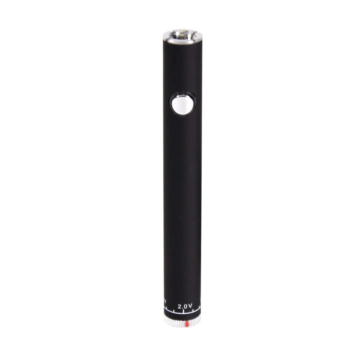 Black cylindrical 510-thread vape battery with a silver button and adjustable voltage dial at the base.