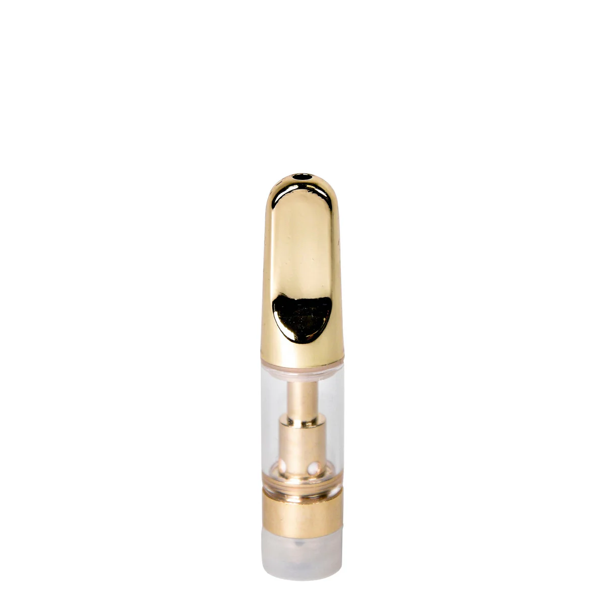 Laid-back view of disassembled 0.5mL 510 vape cartridge with gold screw-on tip and exposed quartz coil