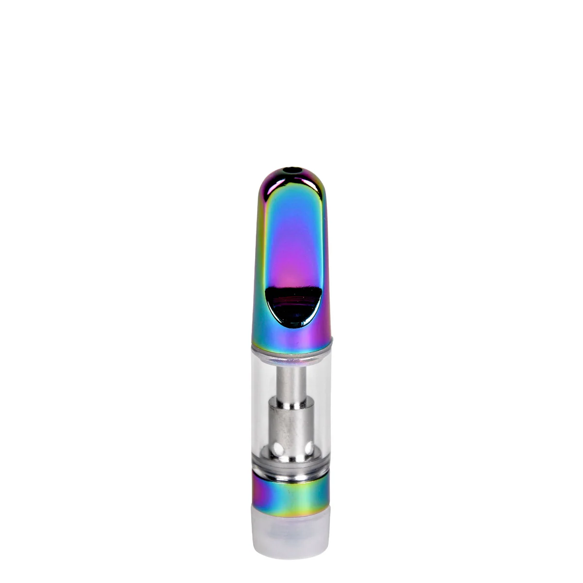 Front view of empty 0.5mL 510 vape cartridge with iridescent ceramic screw-on tip and clear glass tank