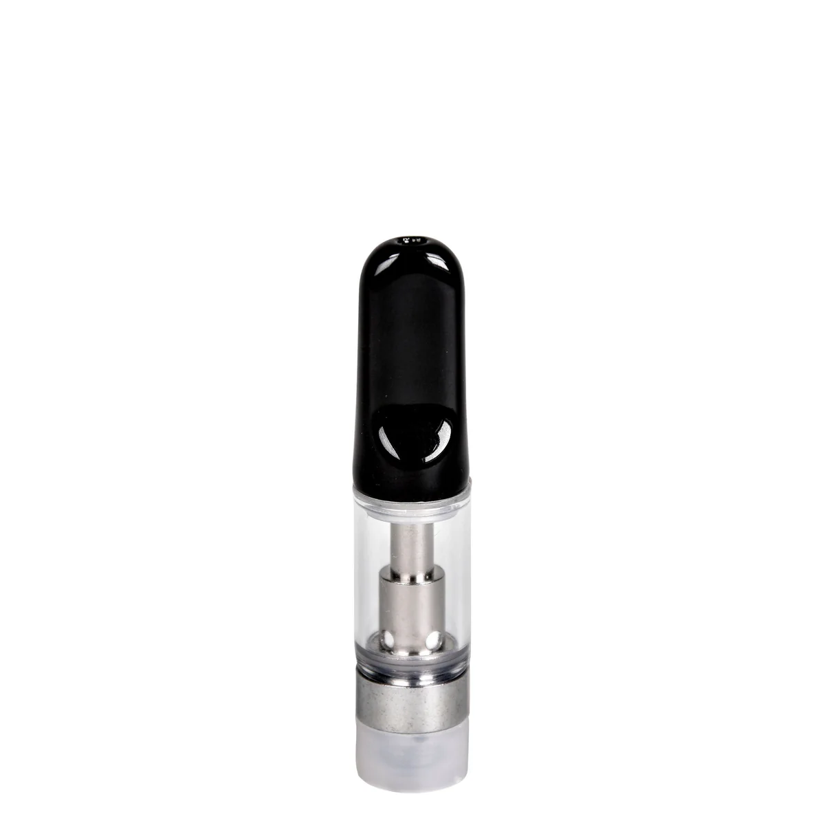 Front view of empty 0.5mL 510 push top vape cartridge with black tip and clear chamber