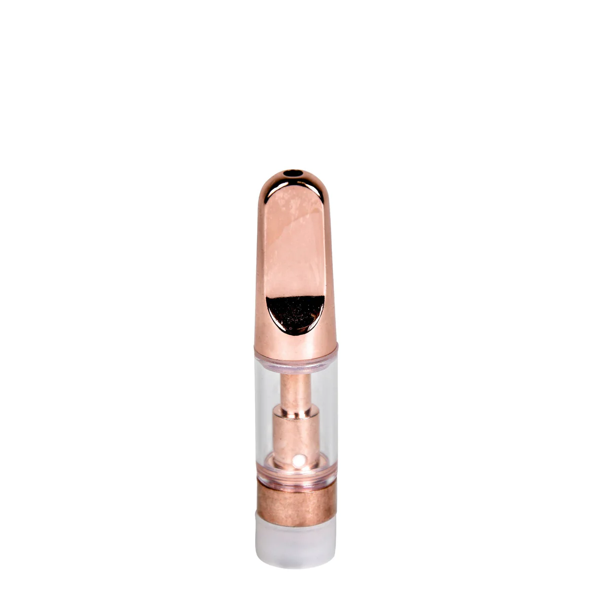 Front view of filled 0.5mL 510 vape cartridge with rose gold ceramic tip and oil inside glass tank