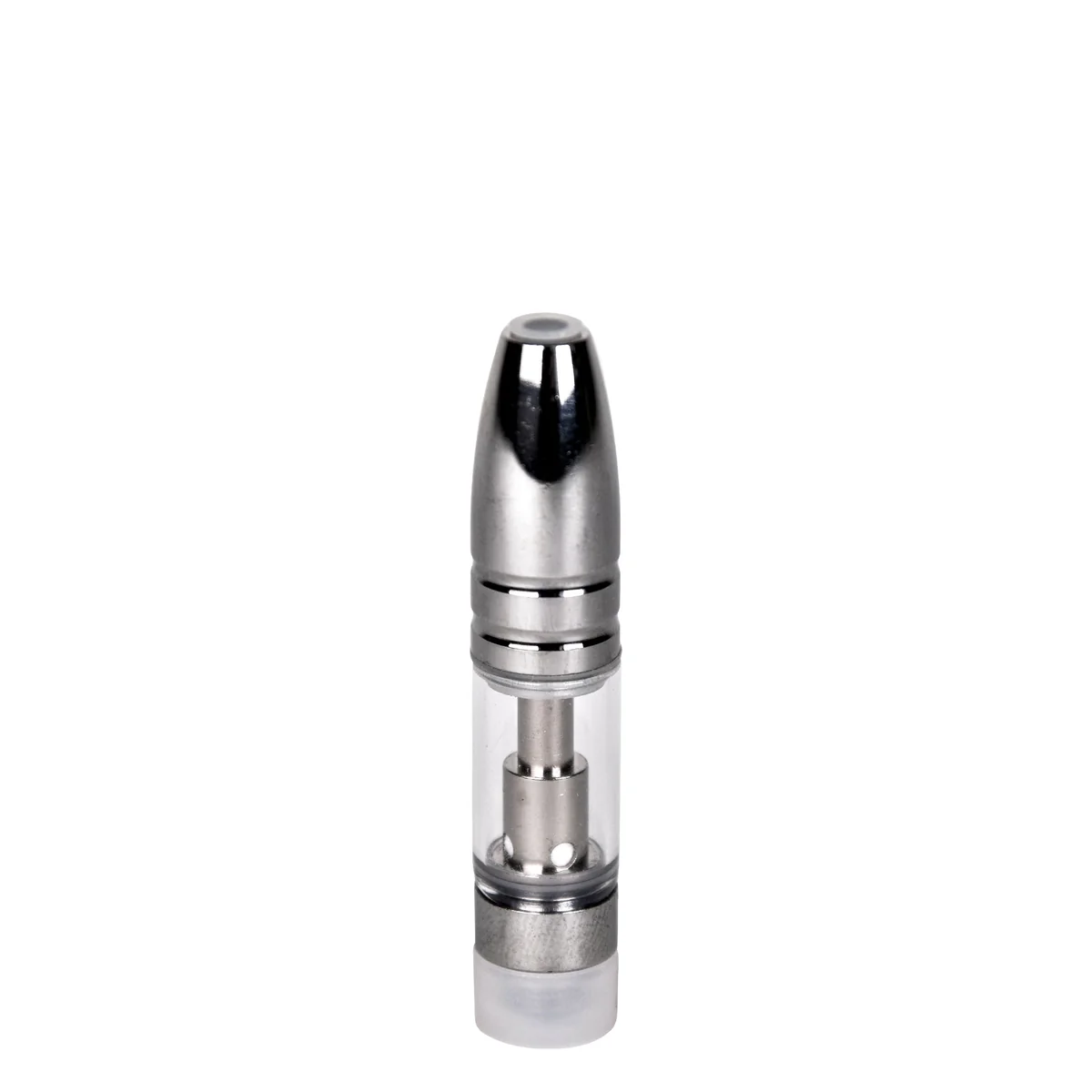 Front view of empty 0.5mL 510 vape cartridge with silver bullet ceramic tip and clear glass tank