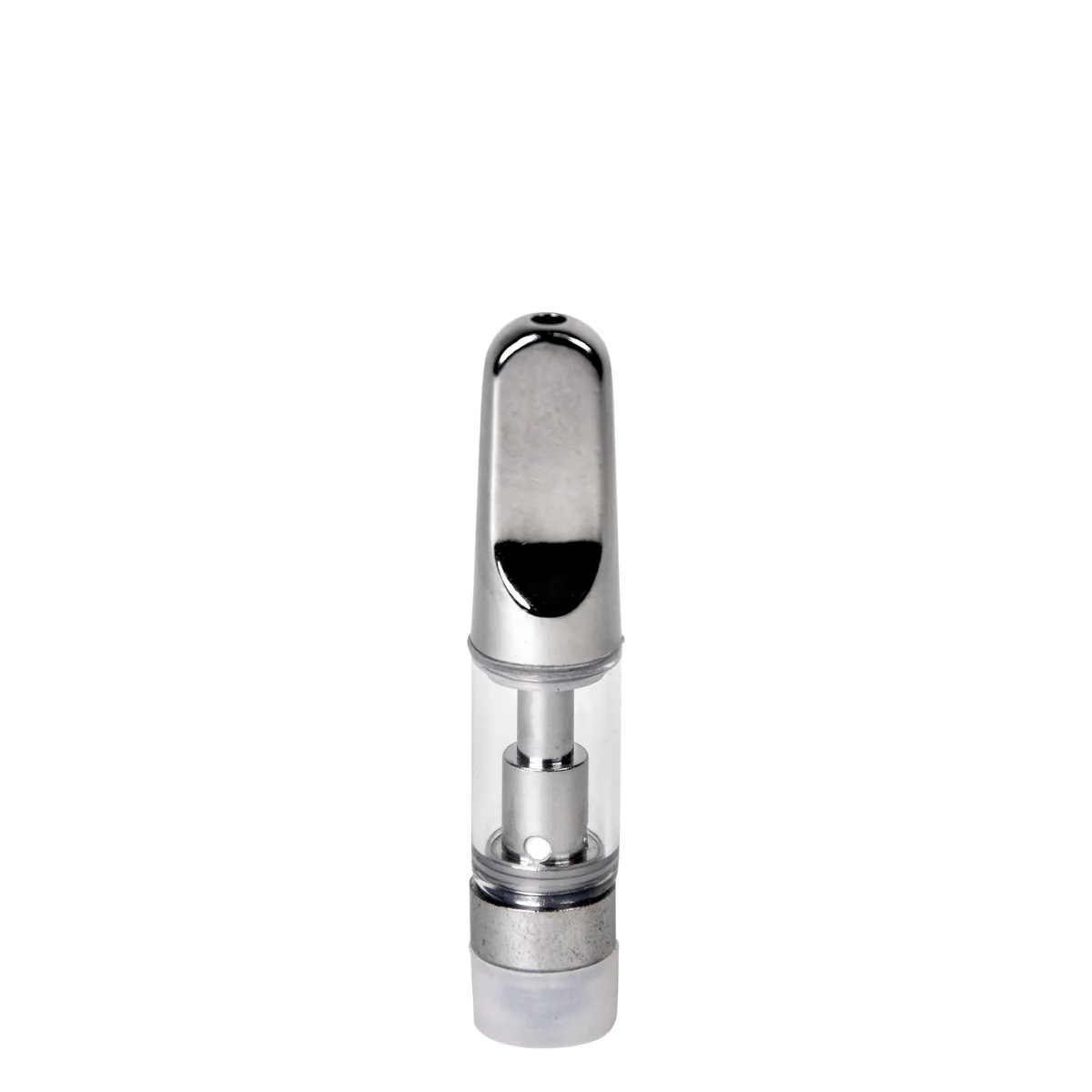 Front view of empty 0.5mL 510 vape cartridge with silver ceramic screw-on tip and clear glass tank