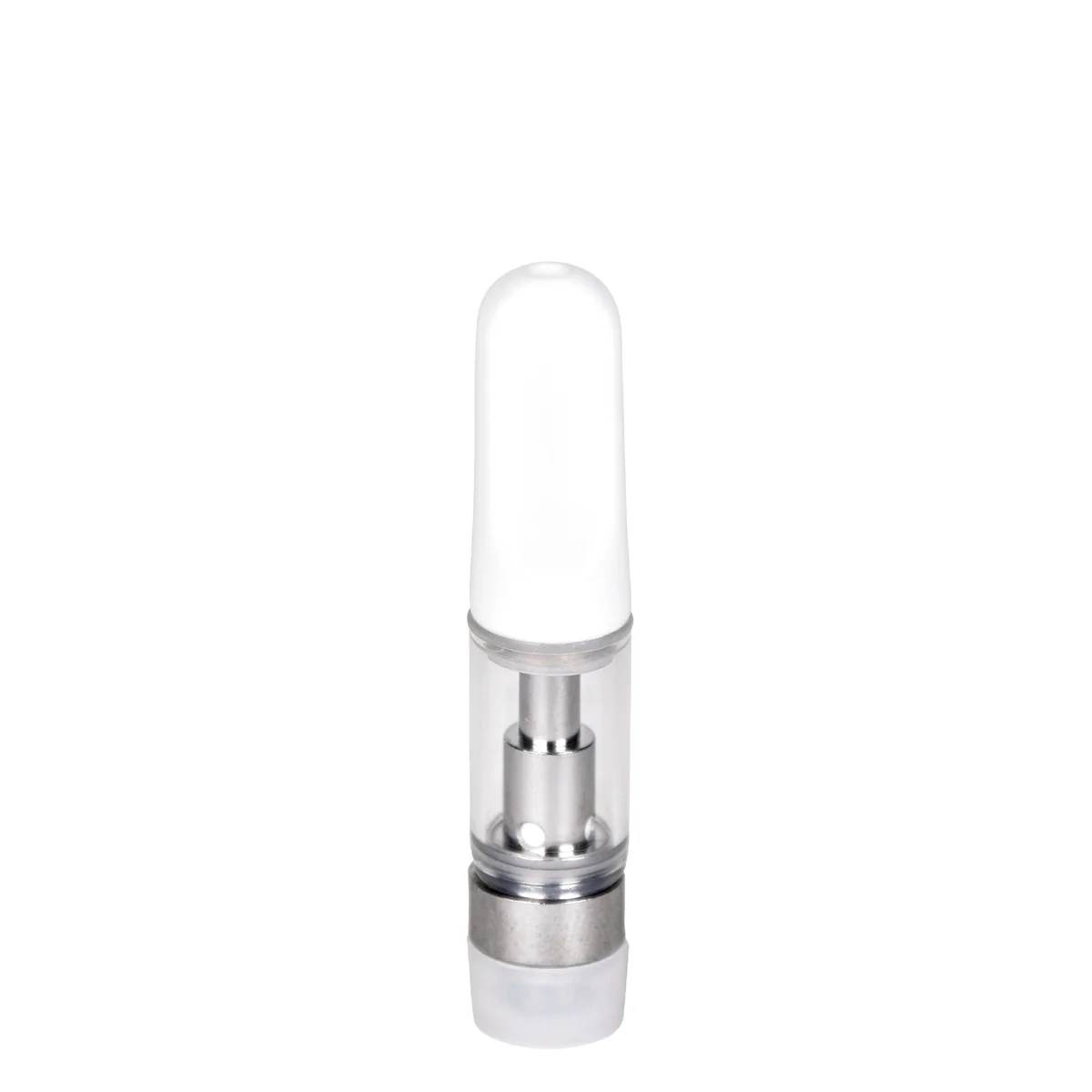 Front view of empty 0.5mL 510 vape cartridge with white ceramic tip and clear glass chamber