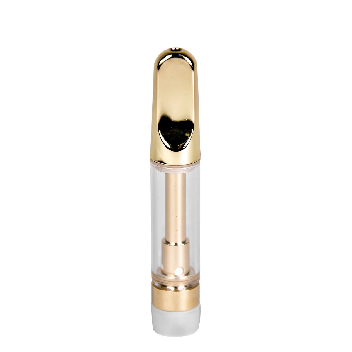 Laid-back view of disassembled 1mL 510 vape cartridge with gold screw-on tip and exposed quartz coil