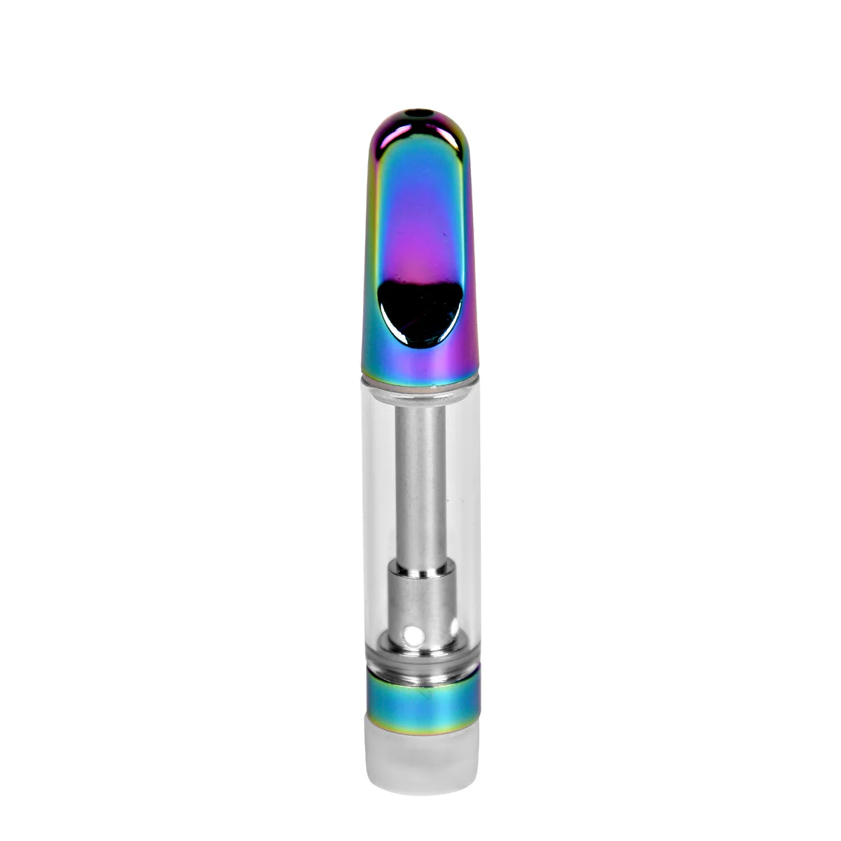 Front view of empty 1mL 510 vape cartridge with iridescent ceramic screw-on tip and clear glass tank