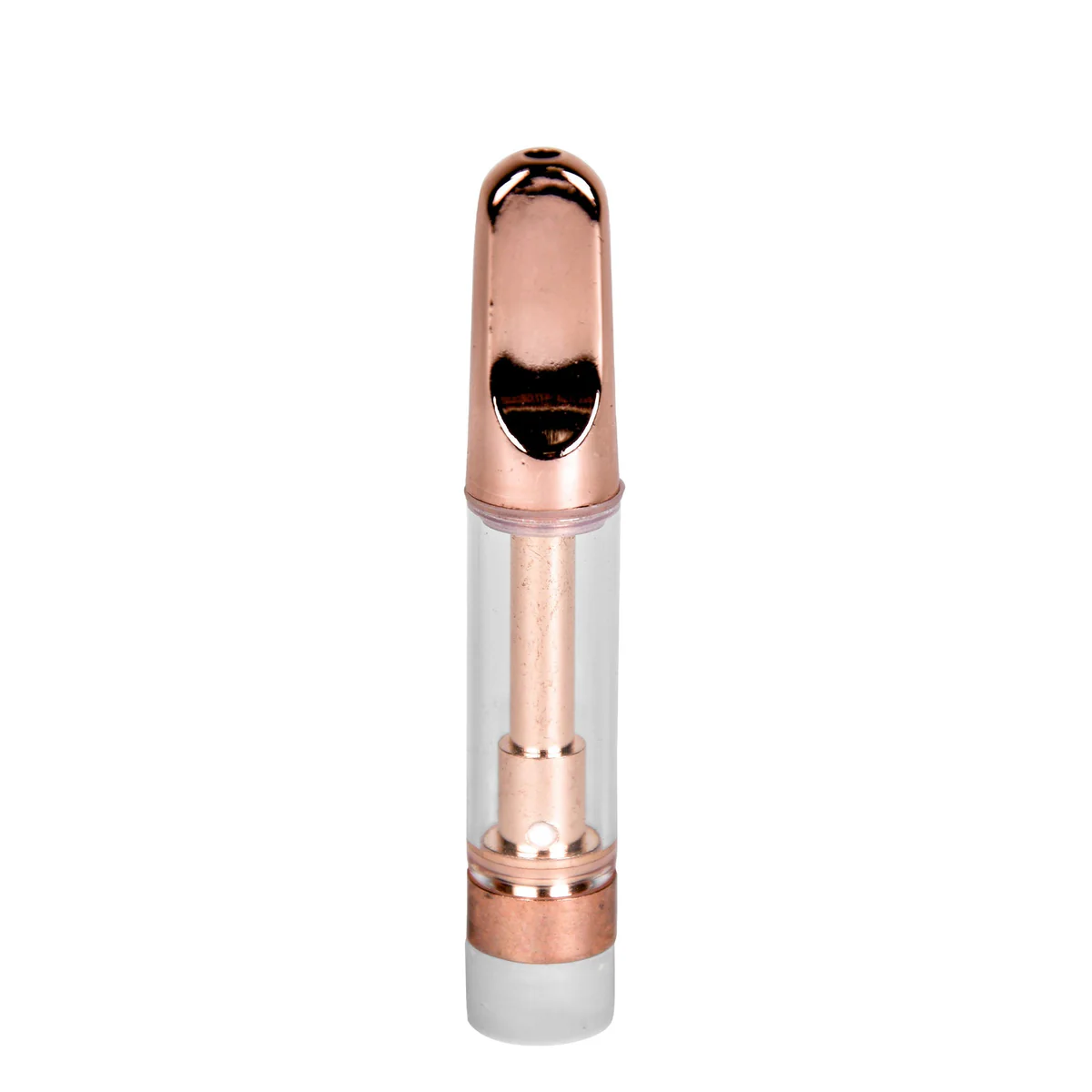 Front view of empty 1mL 510 vape cartridge with rose gold ceramic screw-on tip and clear glass tank