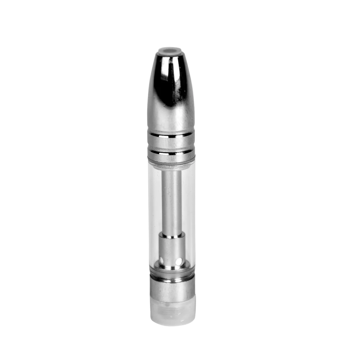 Front view of empty 1mL 510 vape cartridge with silver bullet metal tip and clear glass chamber