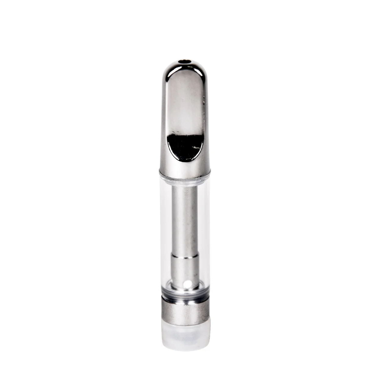 Front view of empty 1mL 510 vape cartridge with silver ceramic screw-on tip and clear glass tank