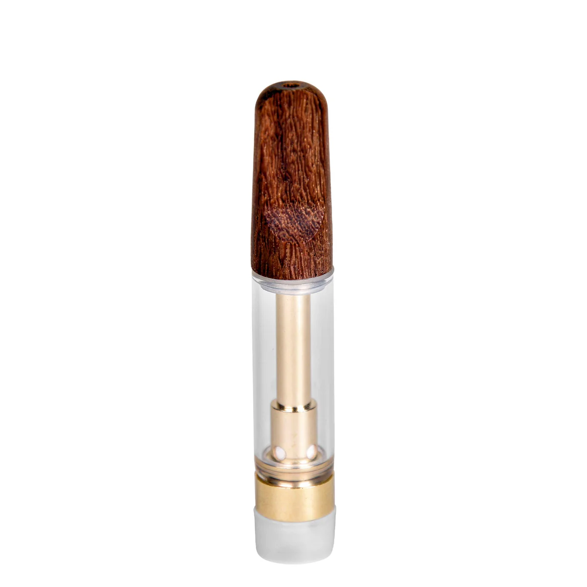 Front view of empty 1mL 510 vape cartridge with natural wood screw-on tip