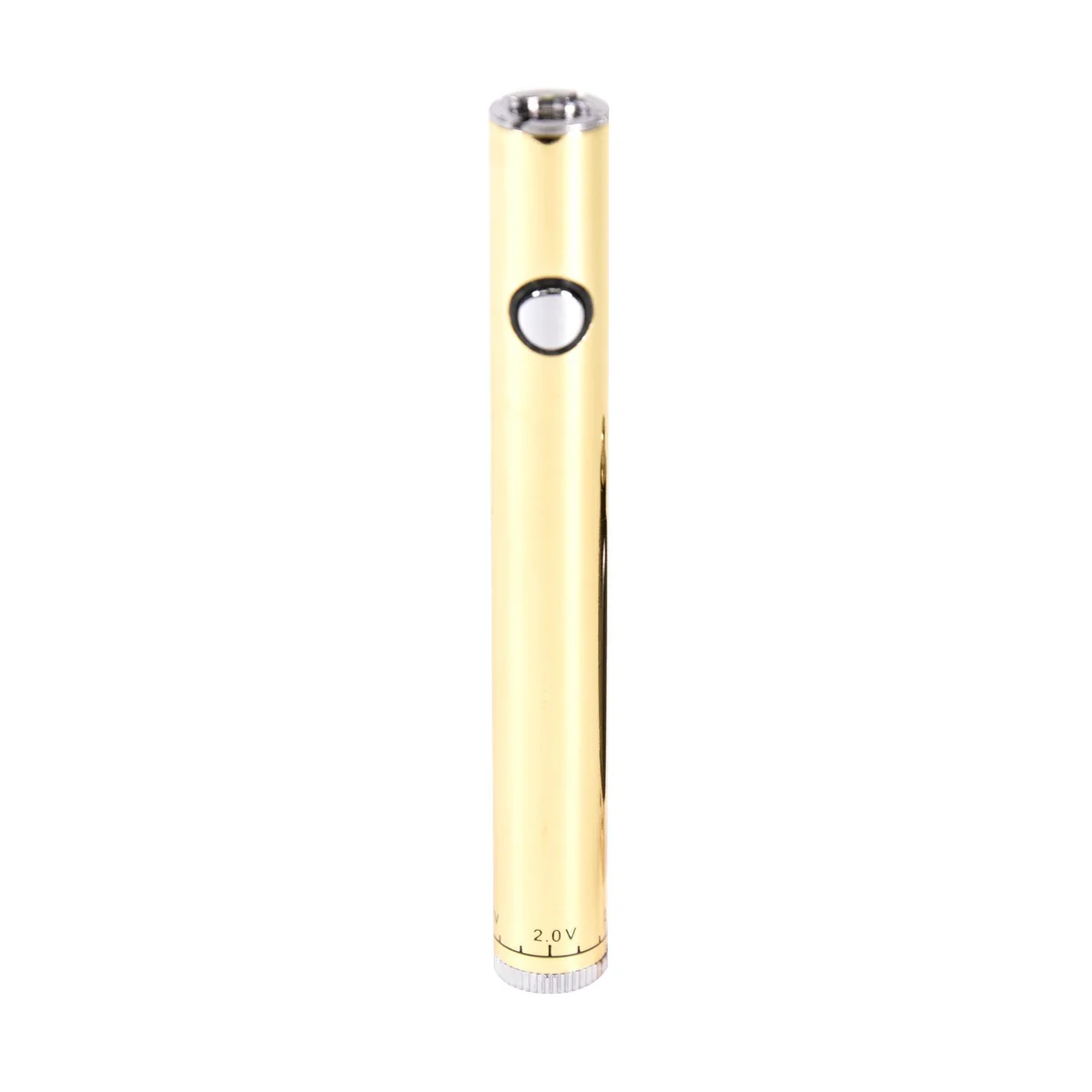 Gold cylindrical 510-thread vape battery with a silver button and adjustable voltage dial at the base.
