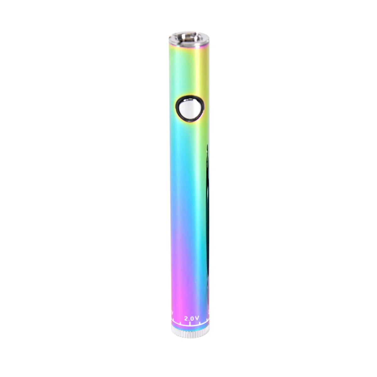 Iridescent cylindrical 510-thread vape battery with a silver button and adjustable voltage dial at the base.